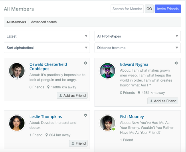 JomSocial's new member lists with rich content and distance