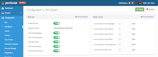 Akismet settings in JomSocial backend