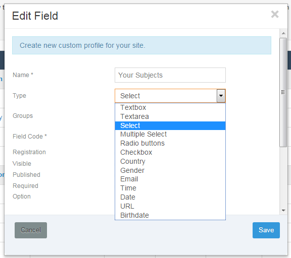 Are you here, Magic Mike!<br />Create type Field Code has some of option but I want to know how could I can create Field Code as upload field file that it allows user to upload the files and photos. I am really want to create the field that allows users able upload the files and pictures for themselves. Someone can help about this suggestion?