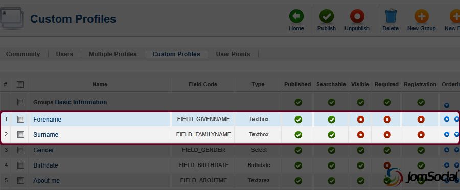 Custom Profile view of newly created fields for First Name & Last Name