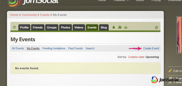 showing the "create new event" link